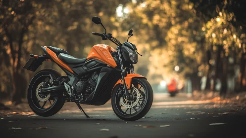 Sunlit orange streetfighter pauses in a golden forest lane.