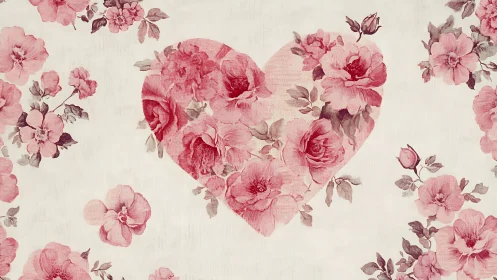 Floral heart composition with layered pink roses and botanical foliage elements