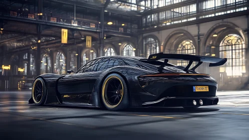 Black carbon hypercar dominates light filled industrial hall.