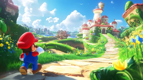 Mario character approaching Peach Castle in illustrated landscape