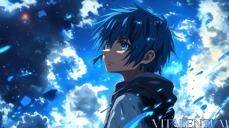 Celestial blue-haired anime protagonist under luminous skyscape.