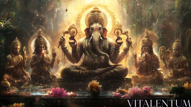 Ganesh seated in luminous lotus shrine, multi-armed deities aligned