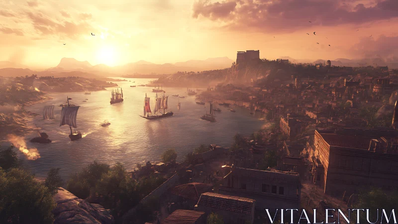 Golden harbor at sunset with ancient ships and hillside city.