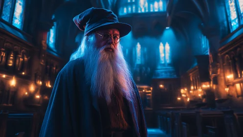 Elderly wizard in candlelit gothic hall with blue haze.