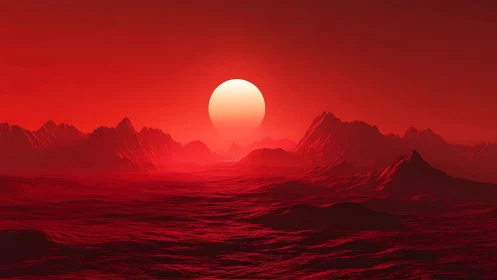 Crimson alien desert under enormous setting sun glow.