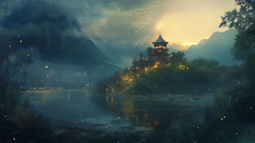 Twilight pagoda landscape in atmospheric fantasy digital painting.