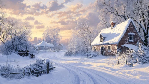 Snow-dusted cottage listens quietly to a peach dawn