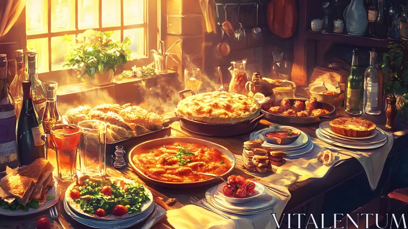 Golden window feast glowing with rustic kitchen warmth.