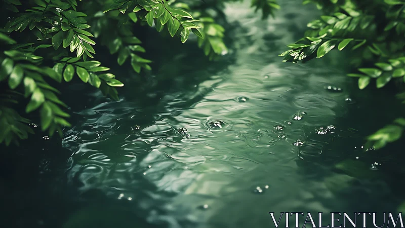 Raindrops disturb a reflective forest pool with macro precision