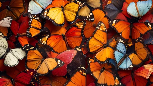 Clustered multicolored butterflies with overlapping wings.