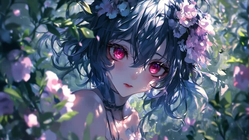 Enchanted anime girl gazes through luminous garden blooms