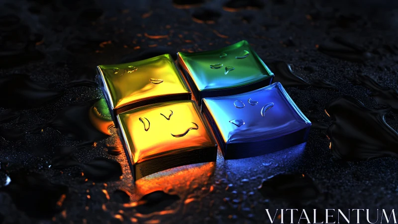 Glossy 3D Windows-Inspired Logo on Wet Surface, Digital Art.