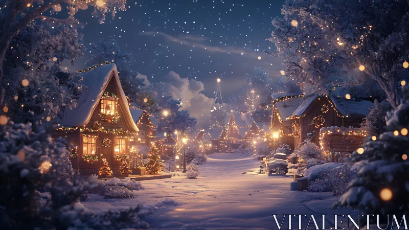 Snow covered village street shows illuminated holiday cottages