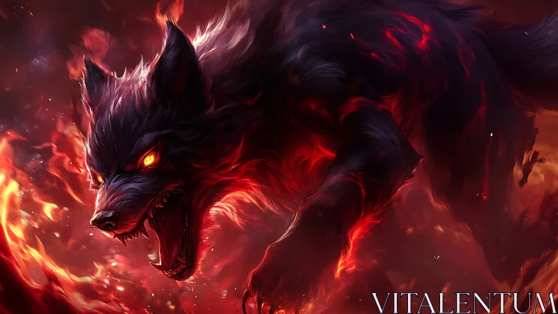 Fiery black wolf with glowing eyes in dynamic motion.