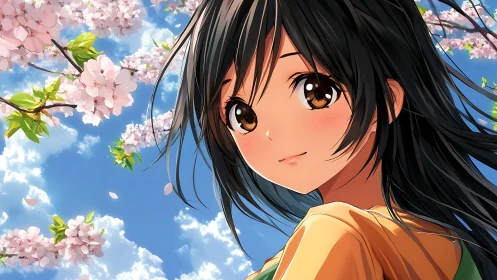 Smiling anime girl under bright cherry blossoms sky.