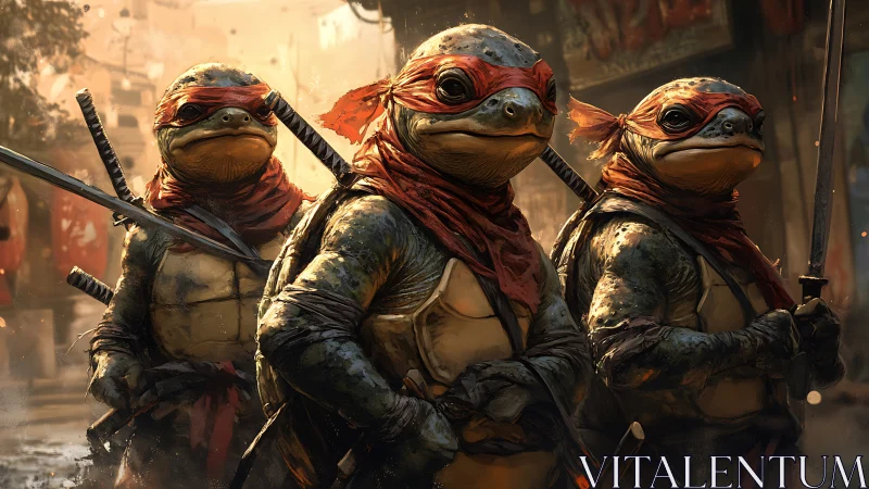 Streetwise turtle warriors stride through the ember-lit city.