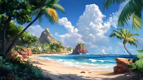 Tropical Beach Cove with Palm Trees and Distant Island Peak.