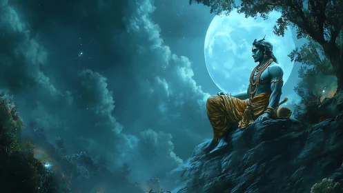 Moonlit blue-skinned figure on cliff rendered in detailed digital art