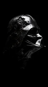 Weathered black sci‑fi helmet emerges from deep shadow.