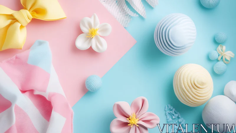 Pastel gift flatlay with ribbons, flowers, sculpted spheres.