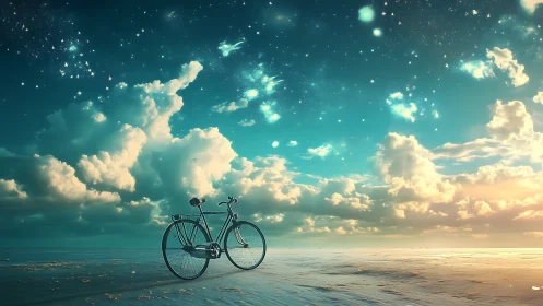 Bicycle on Surreal Beach Under Starlit Turquoise Sky.