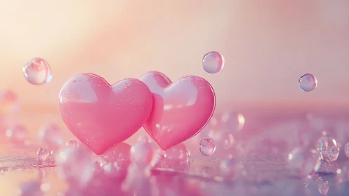 Dual Iridescent Heart Spheres Suspended in Luminous Particle Field.