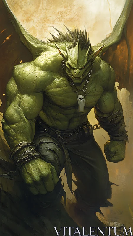 Winged brute strides from the sunlit abyss, chains rattling