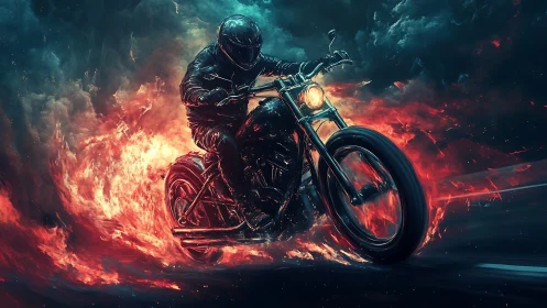 Motorcyclist rides through stylized fire against dark clouds