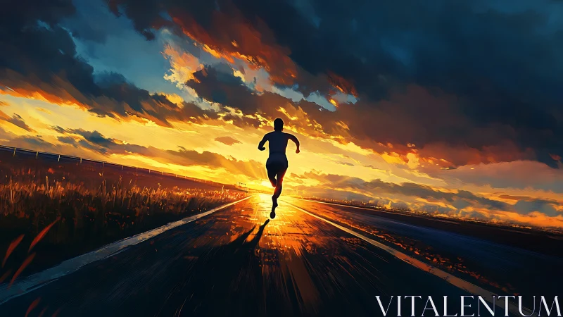 Silhouette runner on wet road under blazing sunset sky.