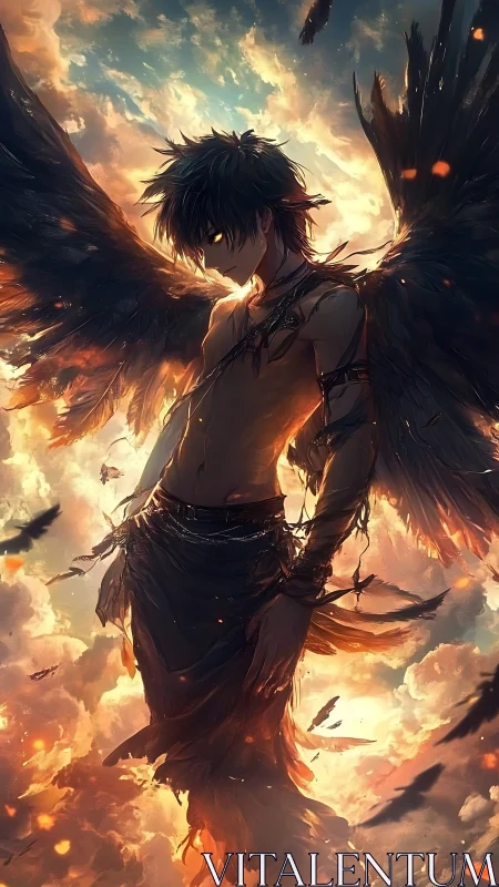 Fallen dusk angel drifting through burning clouds of sky.