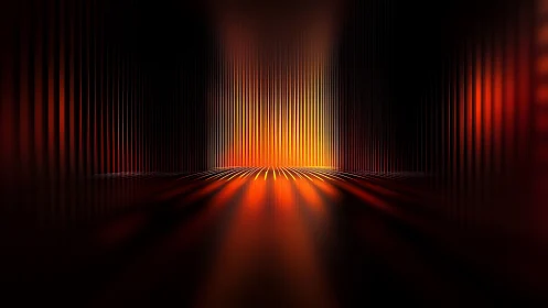 Luminous vertical beams rise from a dark reflective chamber.