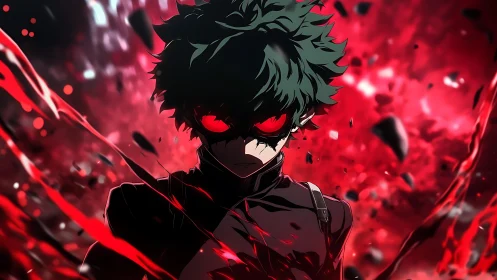 Masked green haired anime figure amid red abstract field.