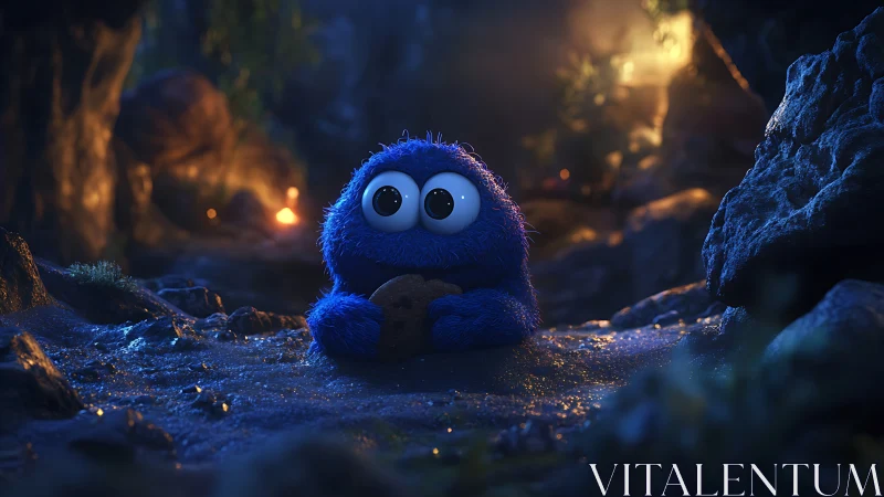 Blue furry creature holds cookie in glowing night cave