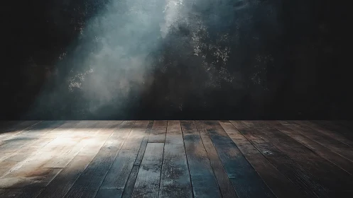 Moody wooden floor under dramatic studio light beams.