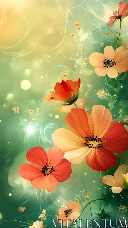 Vibrant Cosmos Garden with Glowing Red and Orange Flowers