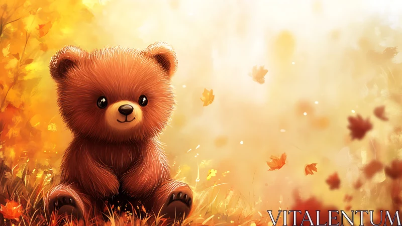 Adorable autumn teddy bear resting in a swirl of falling leaves.