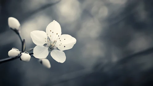 White Blossom Specimen With Buds on Blurred Background
