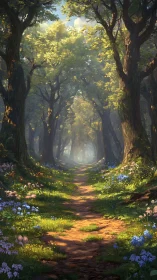 Luminous forest path lined with ancient trees and wildflowers.