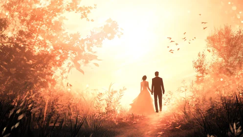 Sunlit forest path for two hearts walking homeward together.