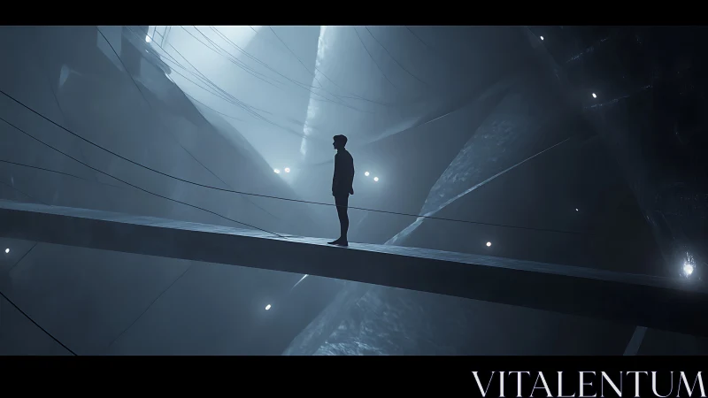 Quiet silhouette pauses on a misty futuristic skybridge
