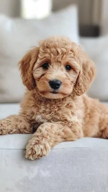 Cream-gold curly coated puppy on sofa, shallow depth of field