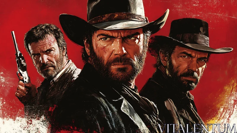 Triangulated gunslinger portraits under saturated crimson field.