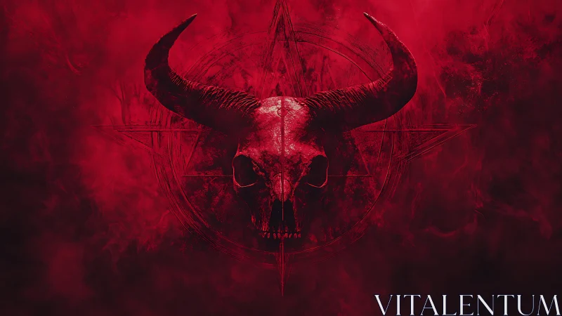 Horned animal skull centered over pentagram in dense red fog
