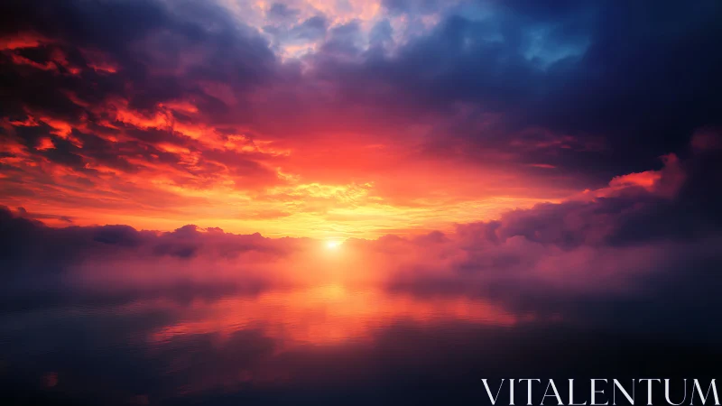 Blazing crimson sunset ignites clouds above calm water horizon.