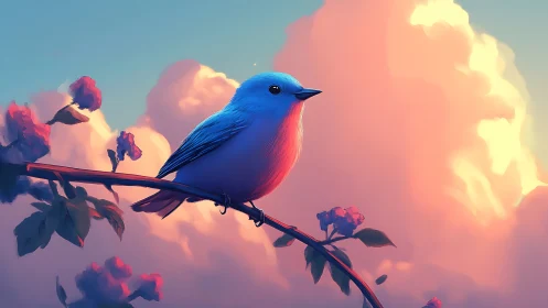 Chromatic songbird on branch under volumetric dusk clouds.