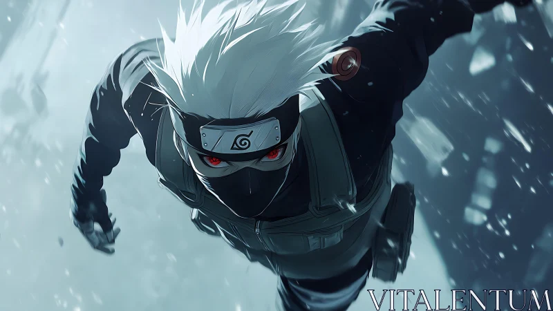 Masked silver haired ninja in dynamic aerial combat charge