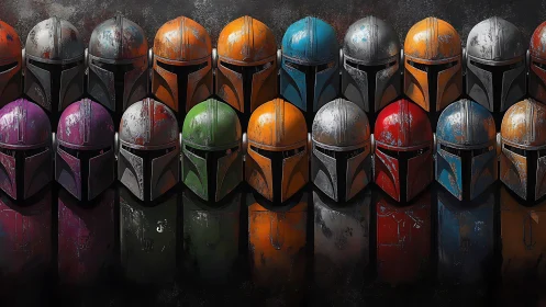 Battle-worn rainbow helmets stand in disciplined chromatic ranks