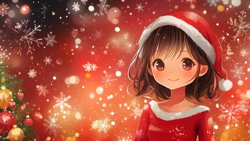 Festive anime girl in red Santa dress with glowing snowflakes