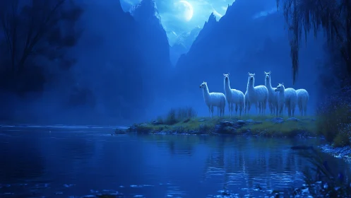 White llamas by river in blue moonlit mountain valley.
