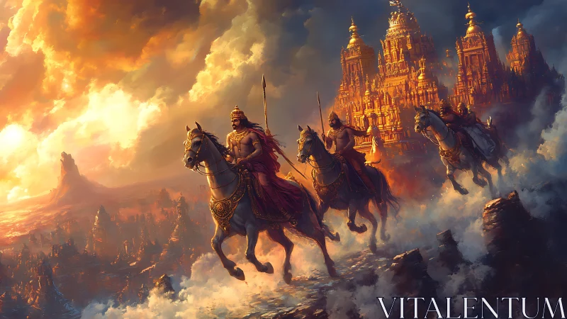 Mythic warriors on horseback charge before golden temple